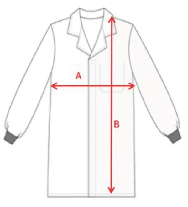 Come misurare il camice: A = larghezza sotto il giromanica, B = lunghezza dalla spalla