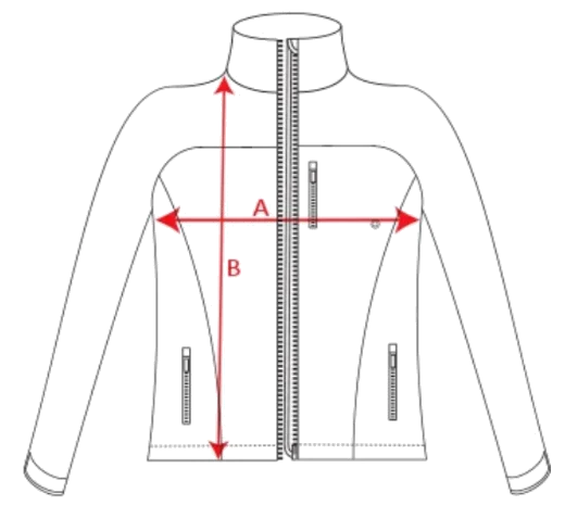 Schema misure giubbotto: A larghezza torace, B altezza dal collo al fondo