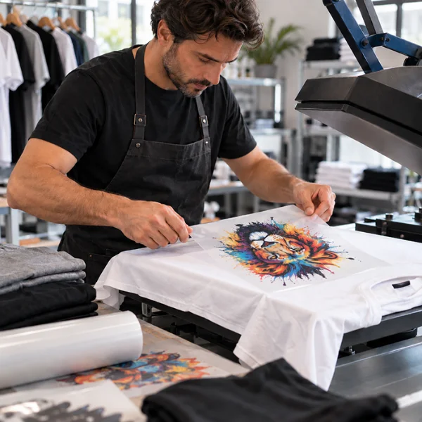 Stampa DTF applicata a pressa su una t-shirt bianca nel laboratorio di Roma